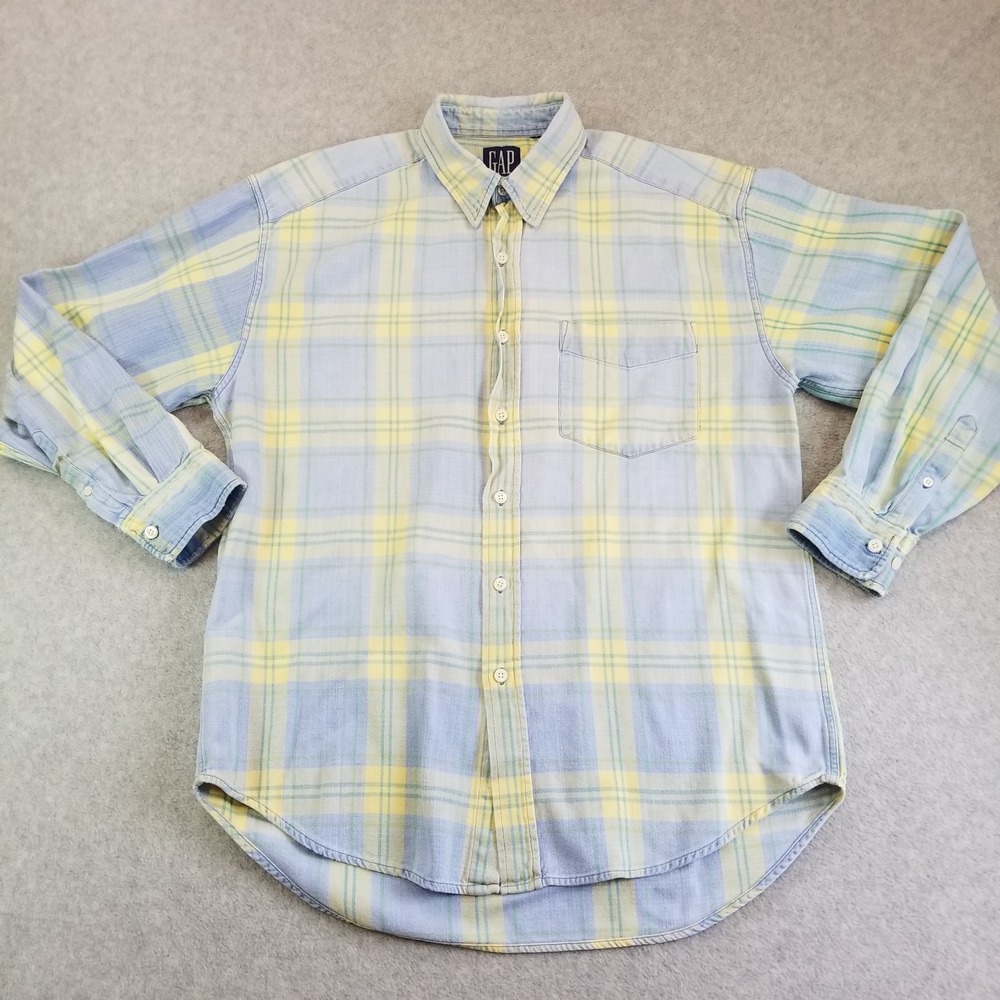 Vintage Gap Shirt Mens Medium Blue Yellow Plaid Cotton Button Up Grunge Y2K 90s